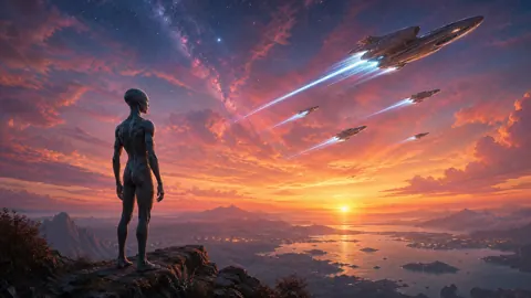 Alien Watching Spaceships at Sunset