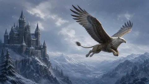 Griffin Over Snowy Castle