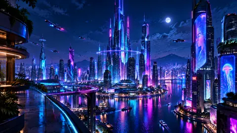 Cyberpunk Waterfront Under Full Moon