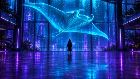 Hooded Figure Beneath Cyan Manta Ray