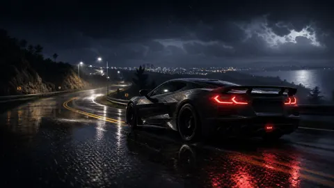 Sports Car on Rainy Coastal Road