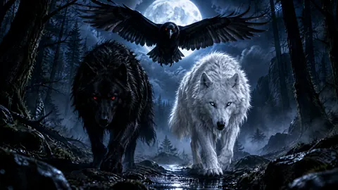 Black and White Wolves Under Moon