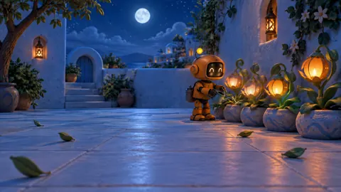 Orange Robot Watering Lantern Flowers