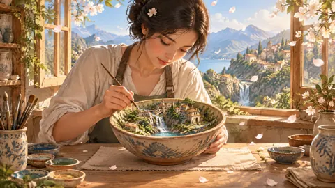 Ceramic Artist Painting Waterfall Village