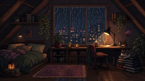 Pixel Art Attic Bedroom Rain