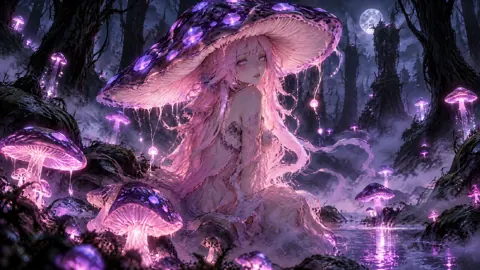 Pink-Haired Mushroom Spirit Under Moon