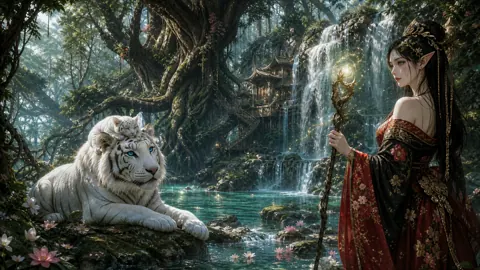 Elf Woman With White Tigers