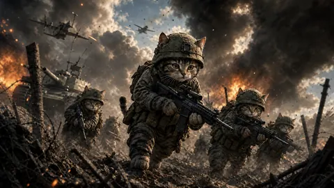 Armed Cats on Battlefield