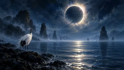 White Crane Under Eclipse