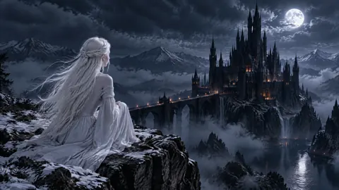 Silver-Haired Woman at Gothic Castle