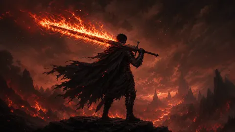 Dark Armored Warrior with Flaming Sword