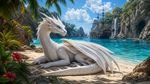 Albino Wyvern on Tropical Beach