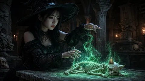 Gothic Witch With Cat Skeleton