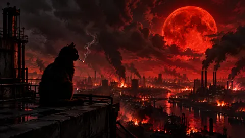 Black Cat Above Burning City