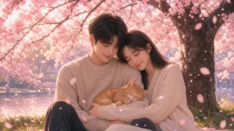 Sleeping Tabby Under Cherry Blossoms