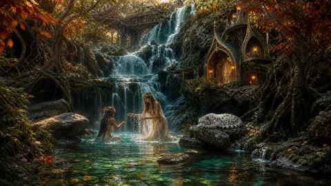 Elves by Forest Waterfall