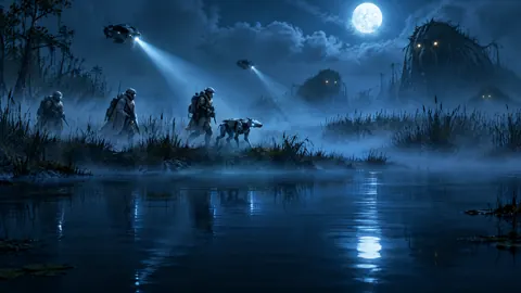 Armored Scouts in Moonlit Marsh