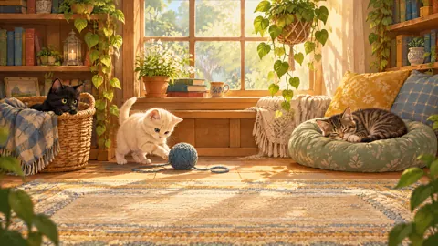 Three Kittens in Reading Nook