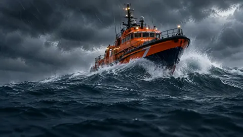 Orange Rescue Boat in Storm