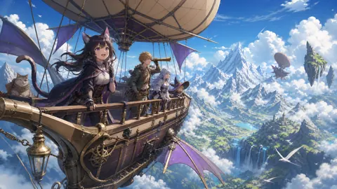 Catgirl Airship Above Snowy Mountains