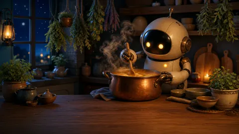 Robot Stirring Soup at Midnight