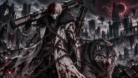 Masked Warrior and Wolf Under Red Eclipse