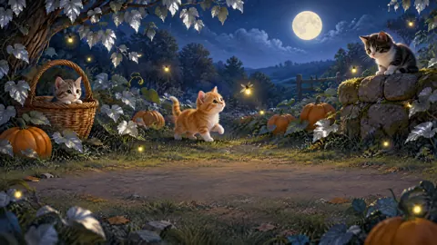 Kittens in Moonlit Pumpkin Patch