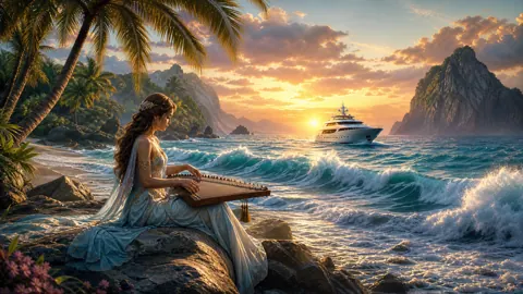 Woman Playing Zither by Tropical Bay