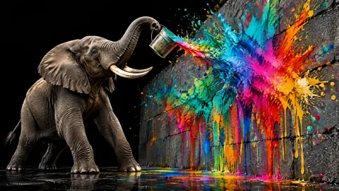 Elephant Throwing Rainbow Paint
