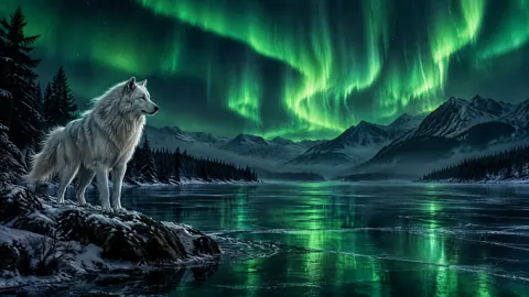 White Wolf Under Aurora
