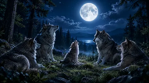 Wolf Pup Howling at Moon