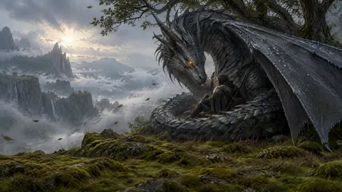 Wyvern Guarding Traveler in Rain