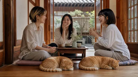 Women at Tea Table with Cats