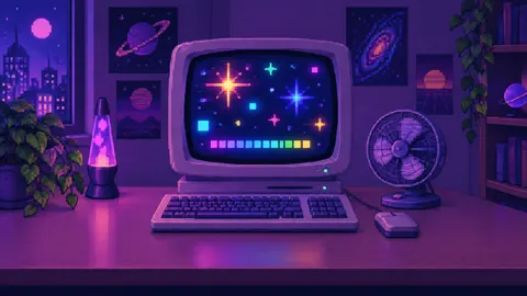 Retro Computer Nook With Lava Lamp