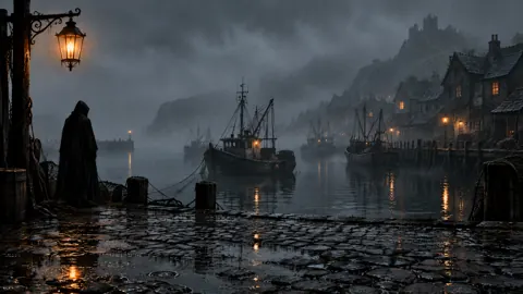 Hooded Figure on Foggy Quay