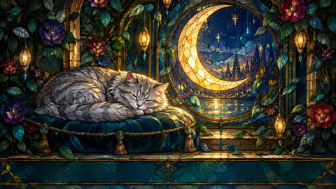 Sleeping Gray Cat by Moon Window