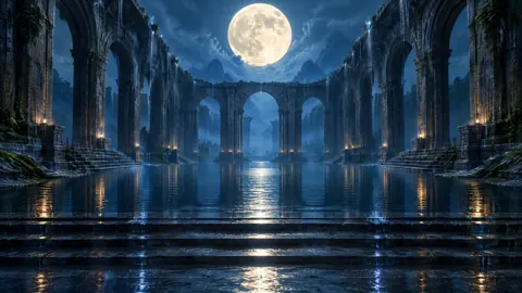 Moonlit Flooded Temple Courtyard