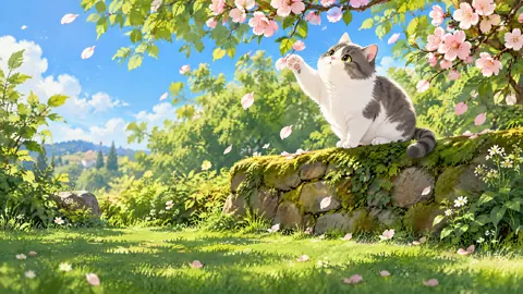 Cat Reaching Peach Blossoms