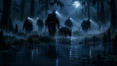 Recon Team Crossing Moonlit Marsh