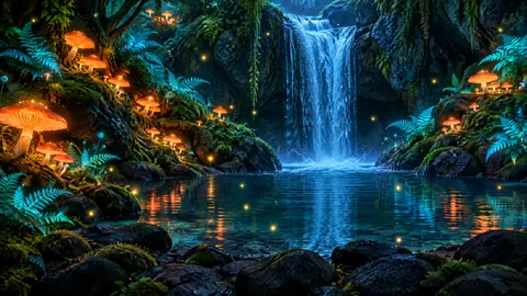 Glowing Mushroom Waterfall Grotto