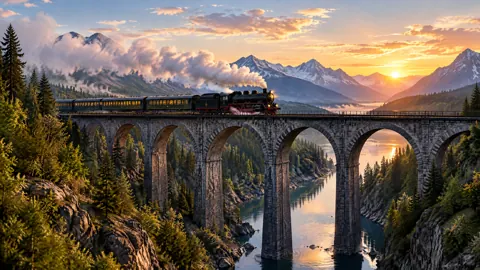 Steam Train on Alpine Viaduct