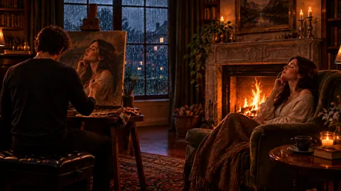 Painter and Woman by Fireplace