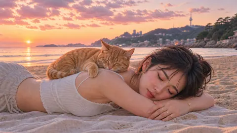 Sleeping Tabby on Korean Beach