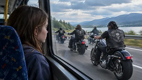 Motorcyclists Passing Mountain Lake