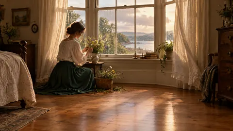 Woman Arranging Wildflowers by Window