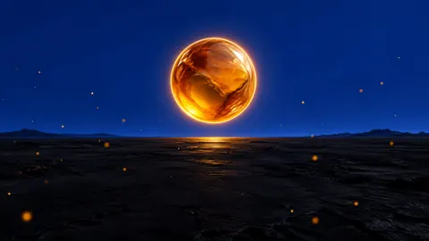 Glowing Amber Sphere Over Basalt