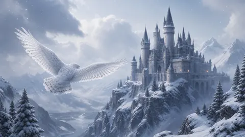 White Owl Flying to Snowy Castle