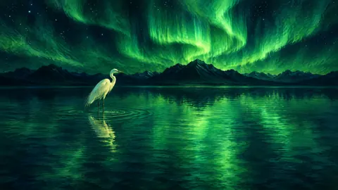 Heron Beneath Emerald Aurora