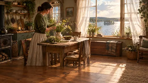 Woman Arranging Wildflowers Lakeside