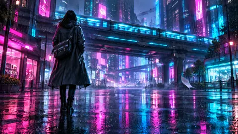 Hooded Courier Under Neon Train